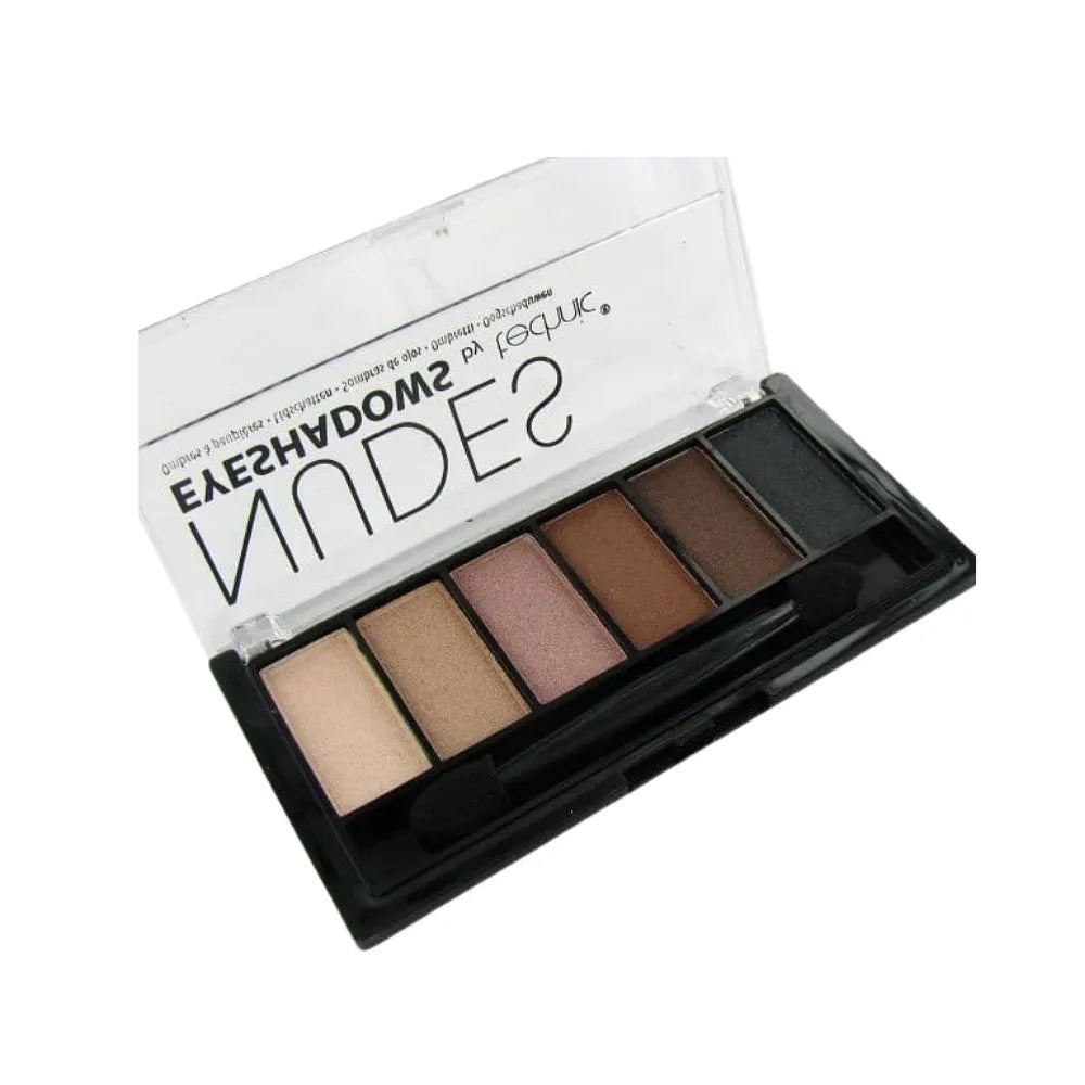 Makeup palette with neutral shades on a white background
