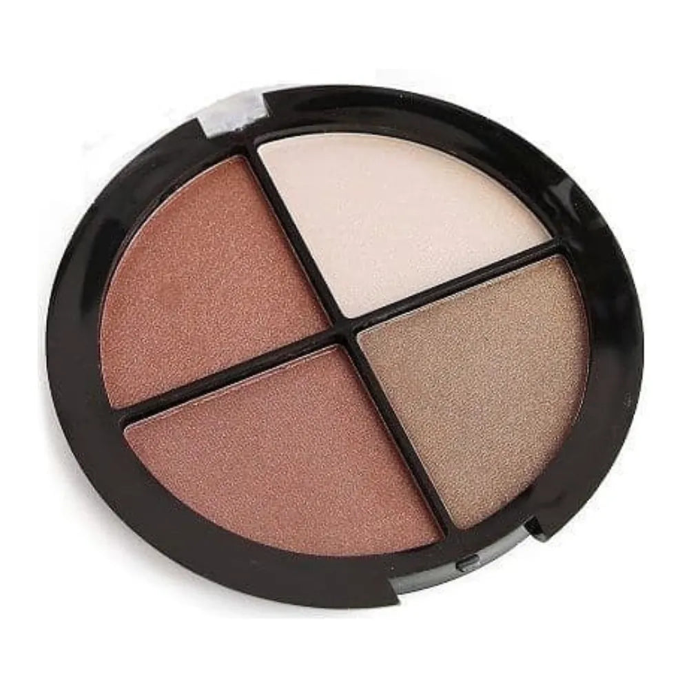 Makeup palette with four different shades of eyeshadow on a white background