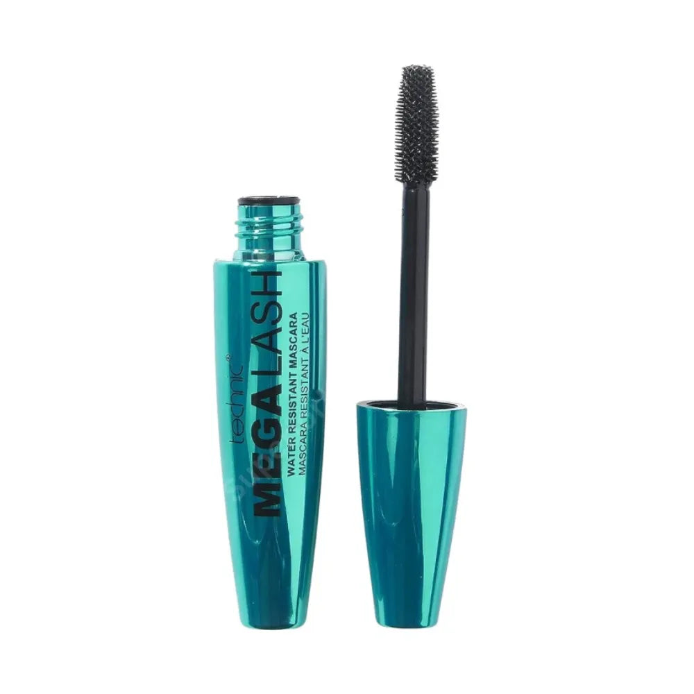 Mascara with blue casing and black brush on a white background