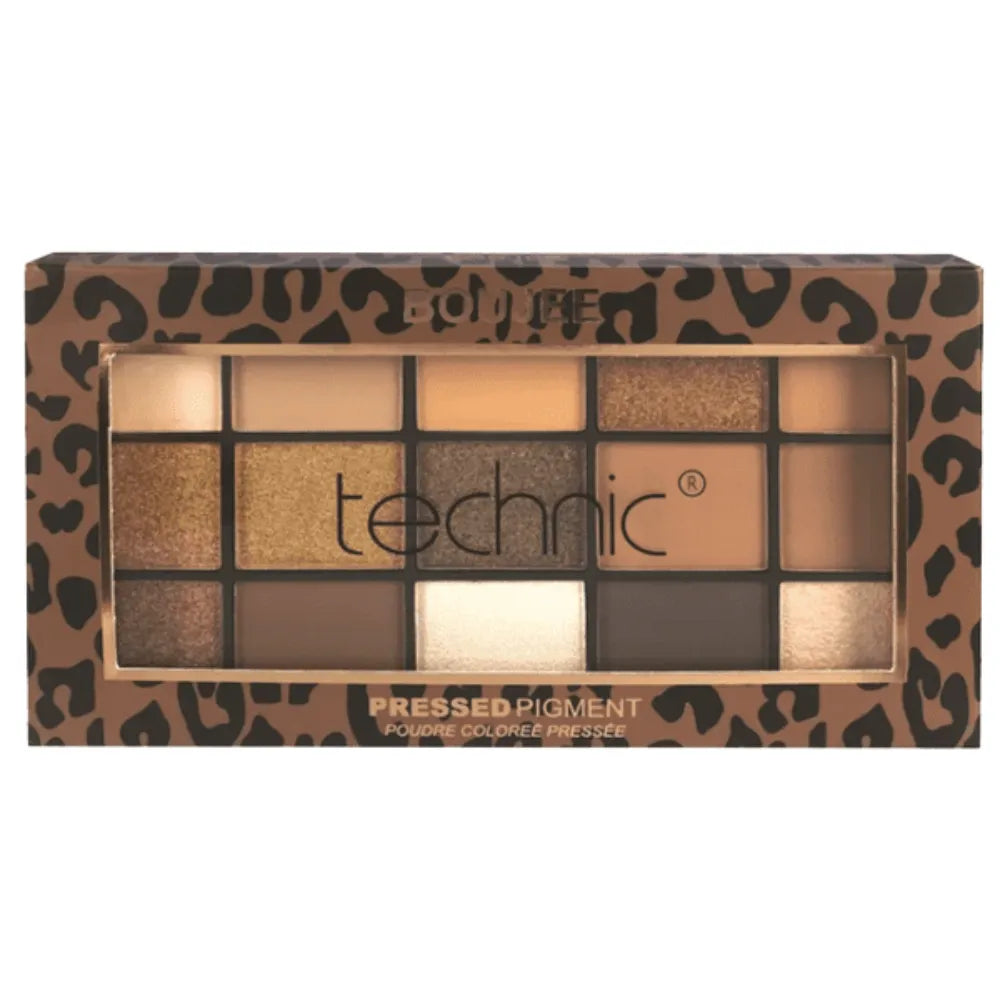 Technic pressed pigment palette with leopard print design on a white background