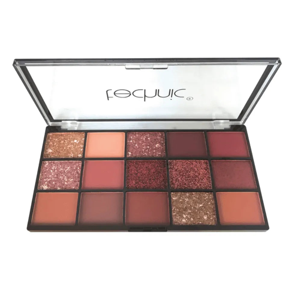 Makeup palette with various shades of eyeshadows on a white background