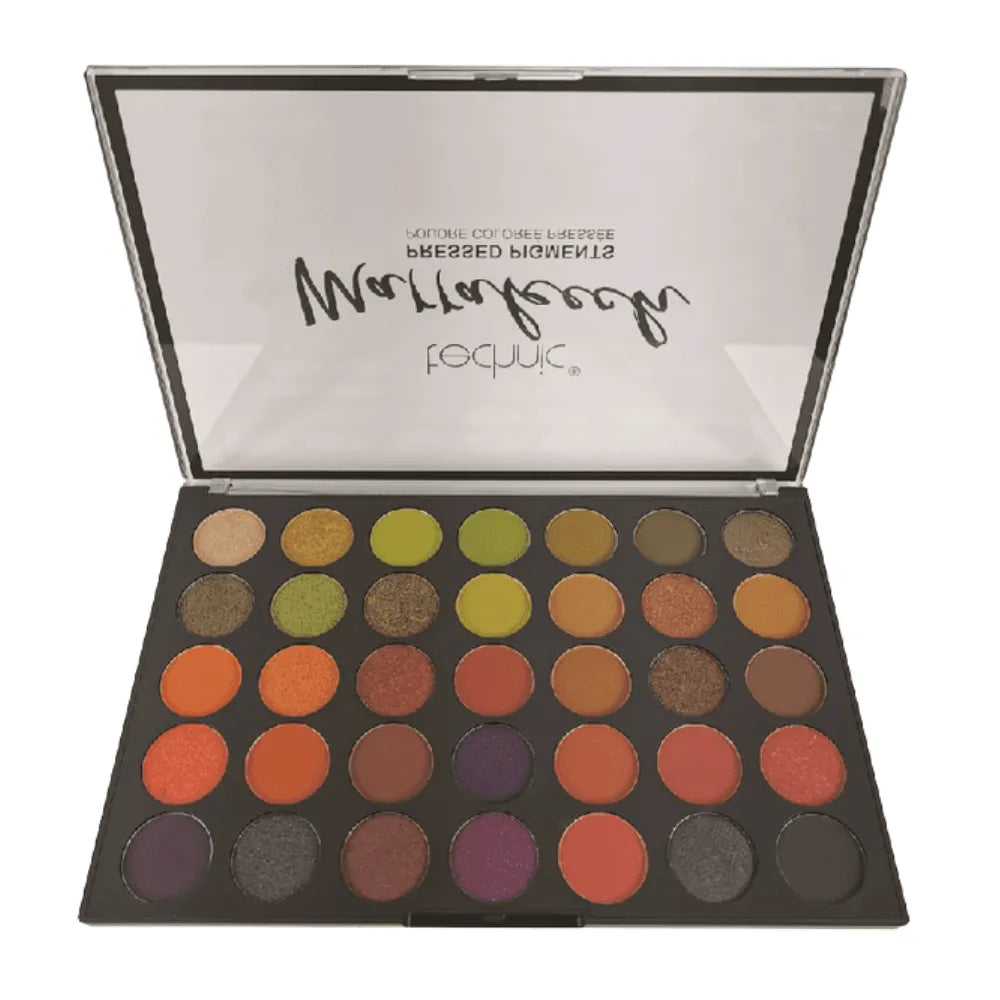 Makeup palette with various colors on a white background