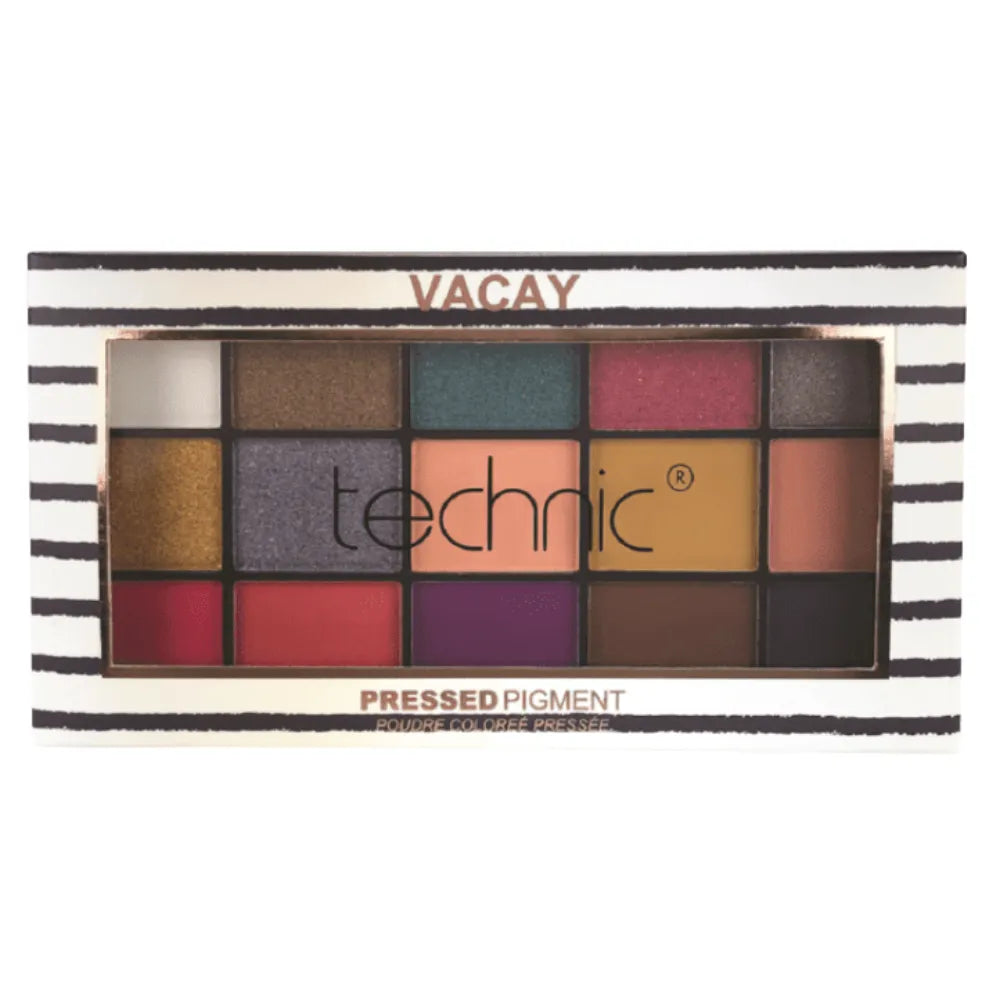 Technic pressed pigment palette with 'Vacay' colorway on a white background