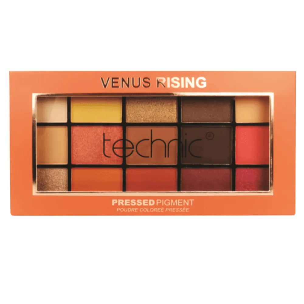 Makeup palette with 'Venus Rising' and 'technic' branding on an orange background