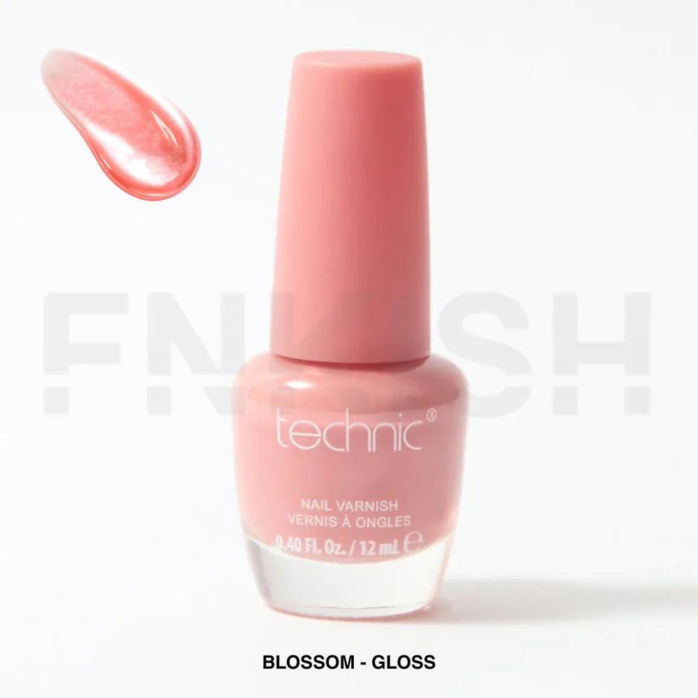 Pink nail polish bottle with a swatch on a white background