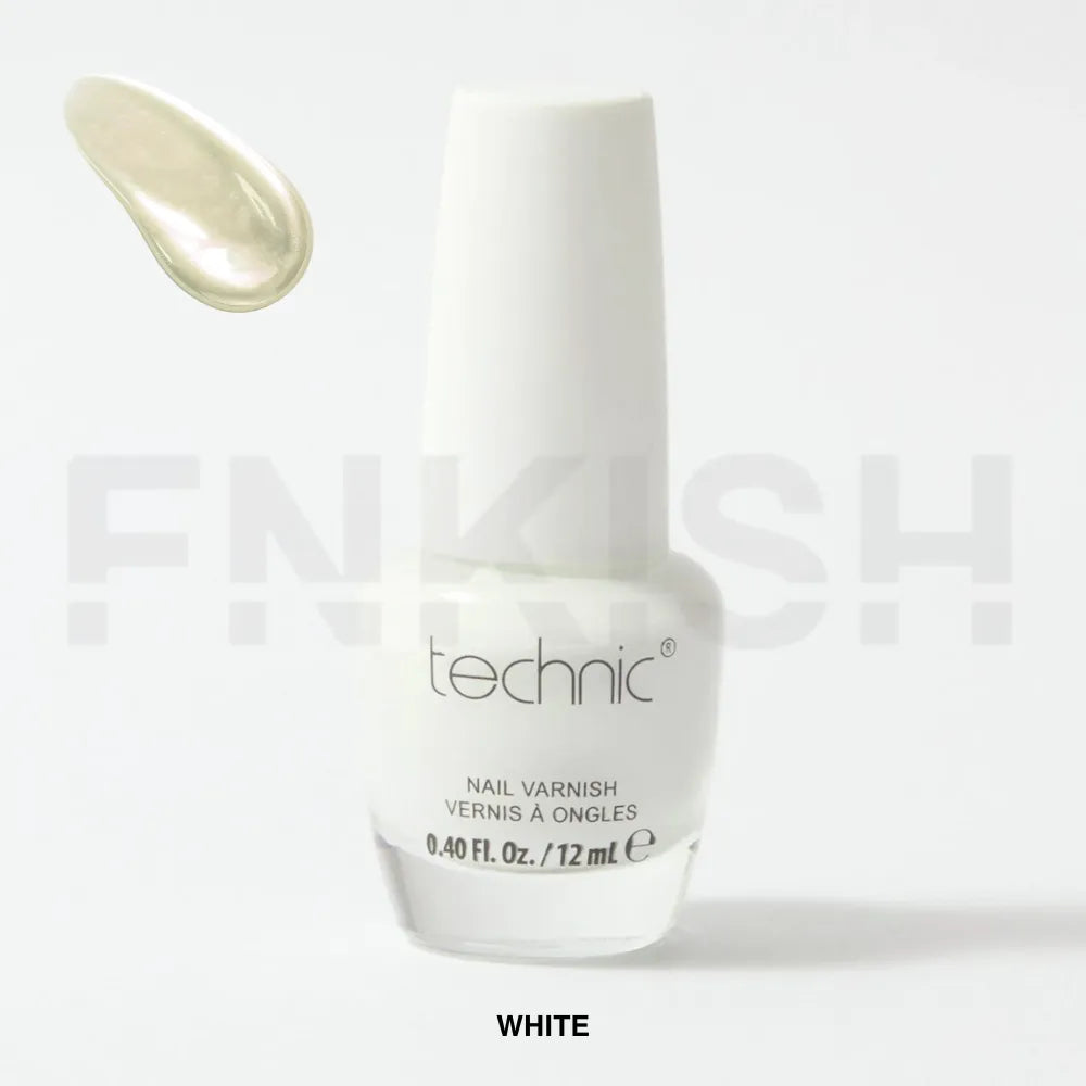 technic nail polish bottle with white polish on a light gray background
