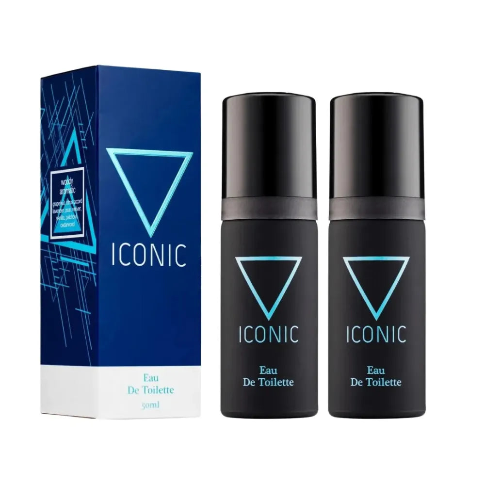 Two black bottles of Iconic Eau De Toilette with a blue box featuring the Iconic logo on a white background.