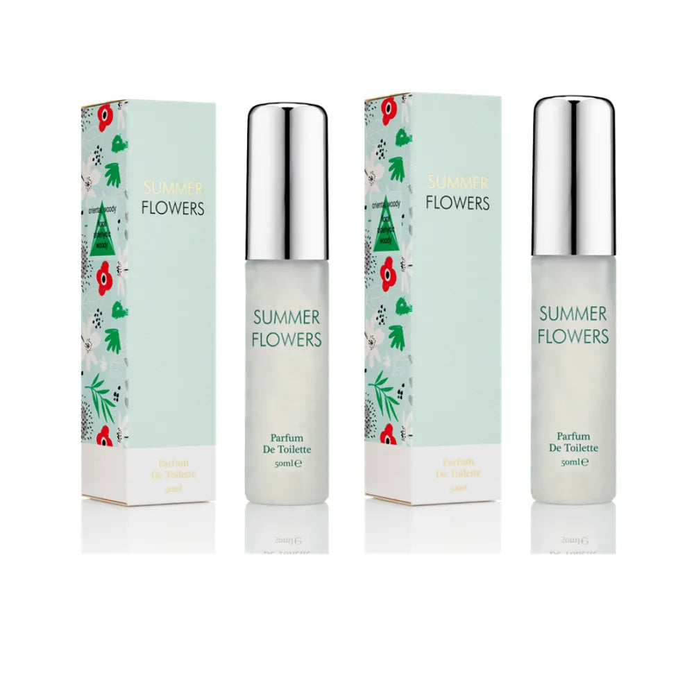 Two bottles of 'Summer Flowers' perfume with their packaging on a white background