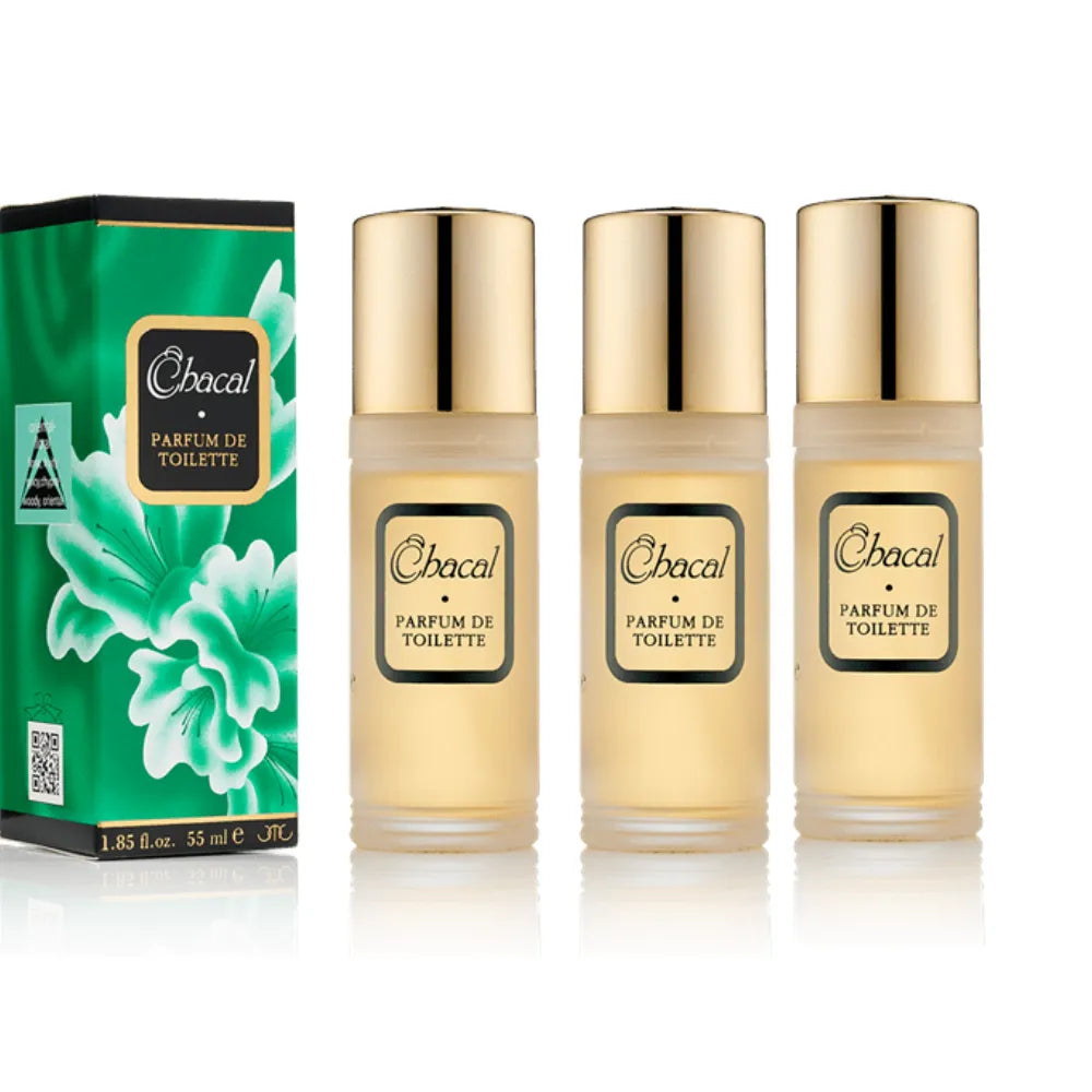 Three small Chocal Parfum de Toilette bottles with gold caps and pale yellow liquid, shown beside a green branded box on a white background.