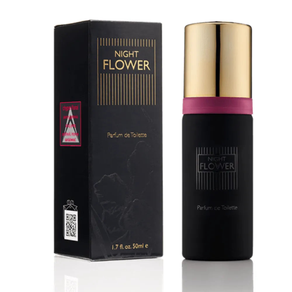 Night Flower perfume 50ml bottle with a shiny gold cap and a pink band, standing next to its black packaging box on a white background.