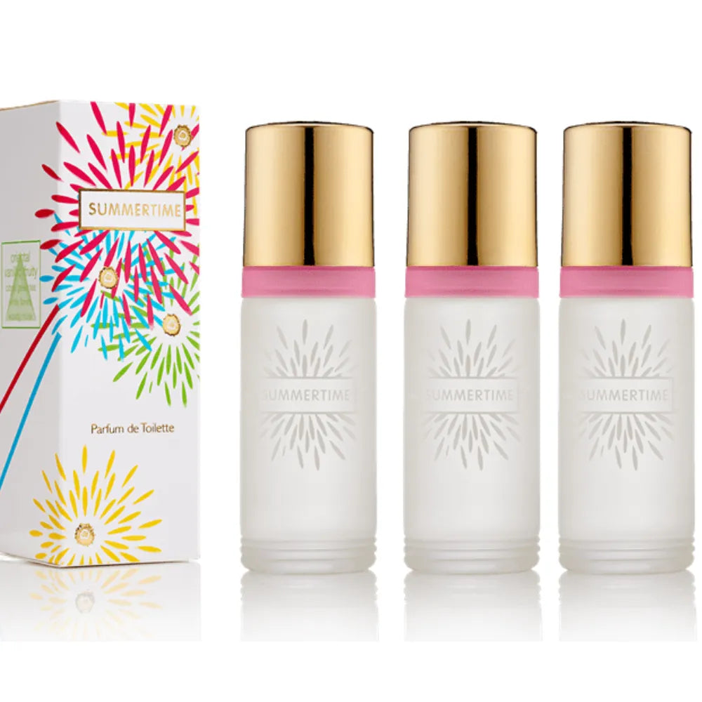 Three frosted perfume bottles with shiny gold caps and pink bands, shown next to a colorful Summertime perfume box on a white background.