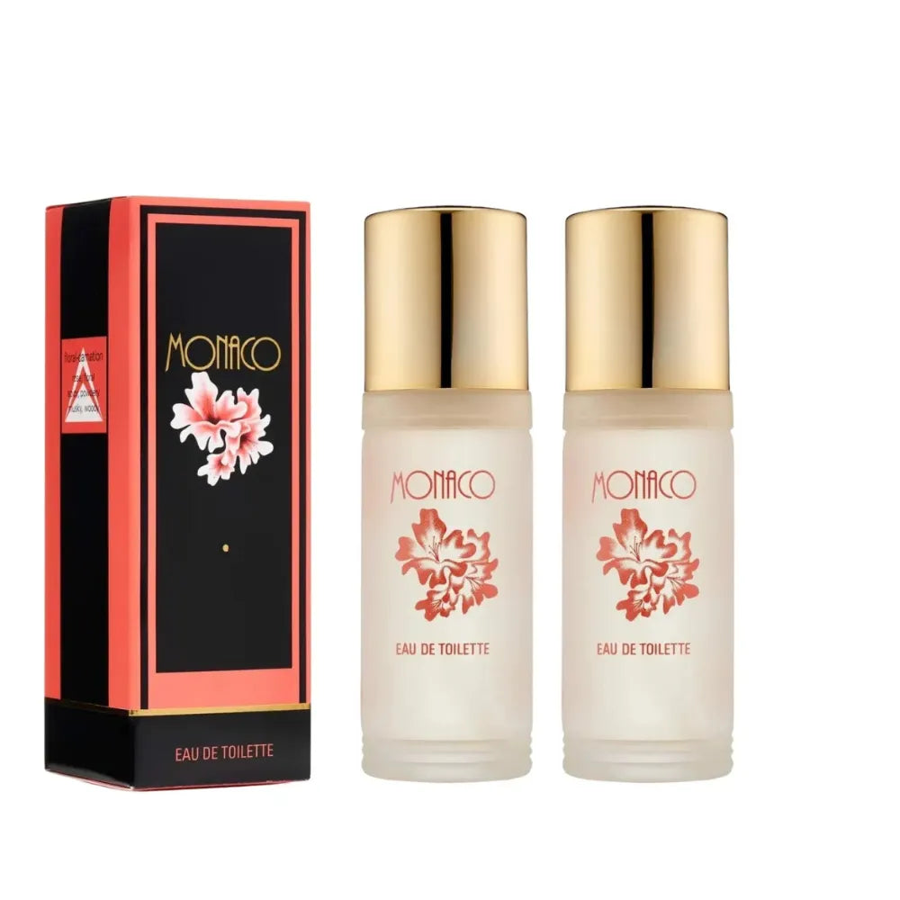 Two bottles of Monaco Eau de Toilette with packaging on a white background