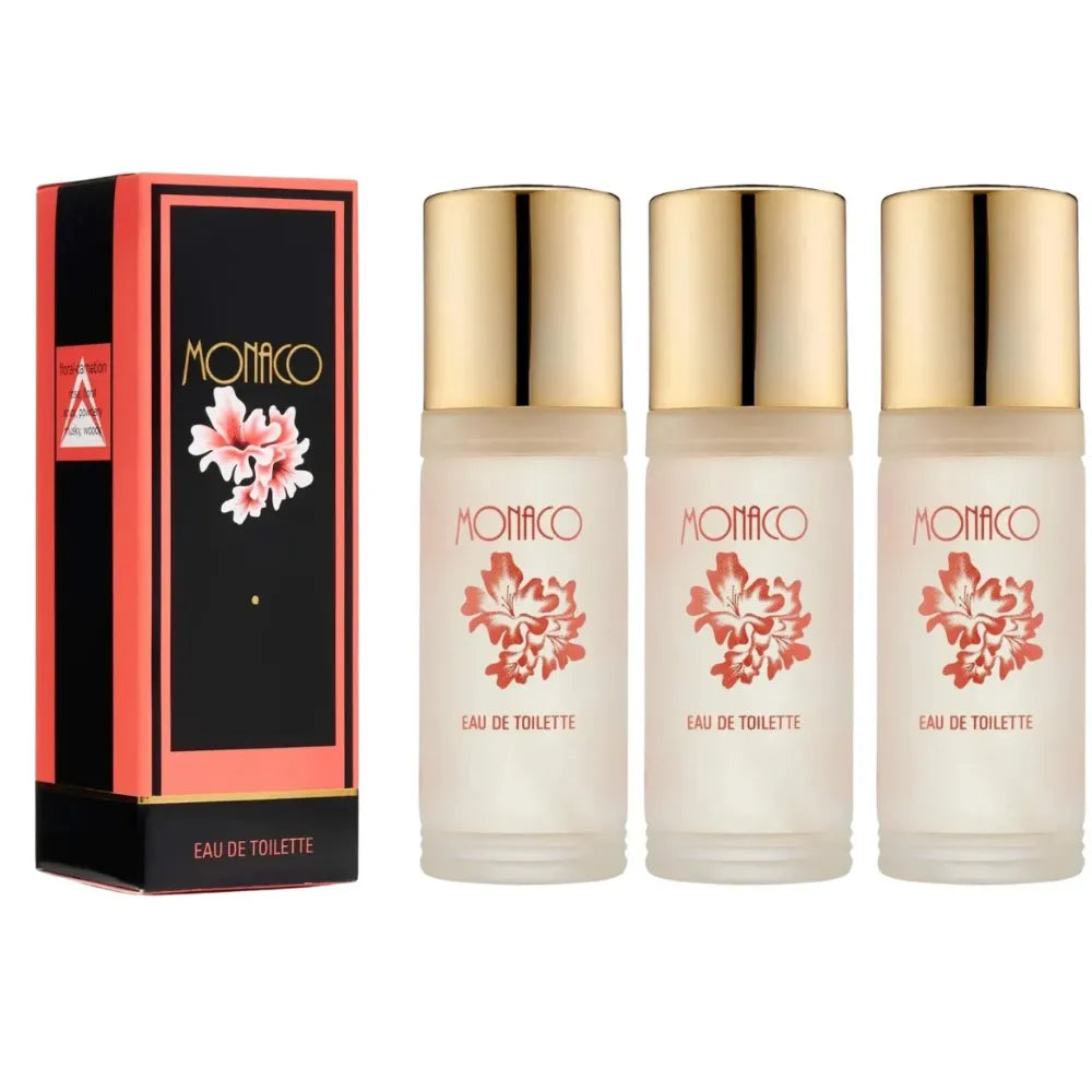 Monaco Eau de Toilette set with three bottles and packaging on a white background