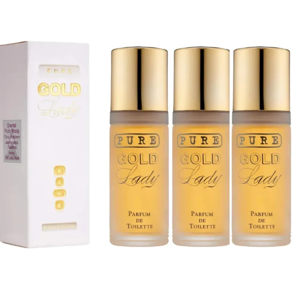 Three bottles of 'Pure Gold Lady' perfume with a packaging box on a white background
