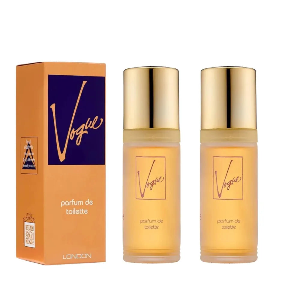 Vogue perfume bottles and packaging on a white background