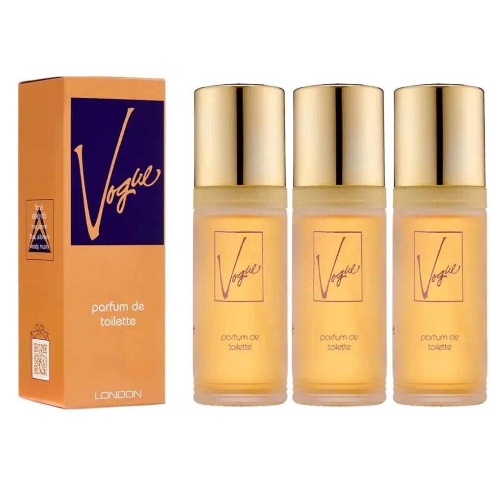 Vogue perfume set with three bottles and packaging on a white background