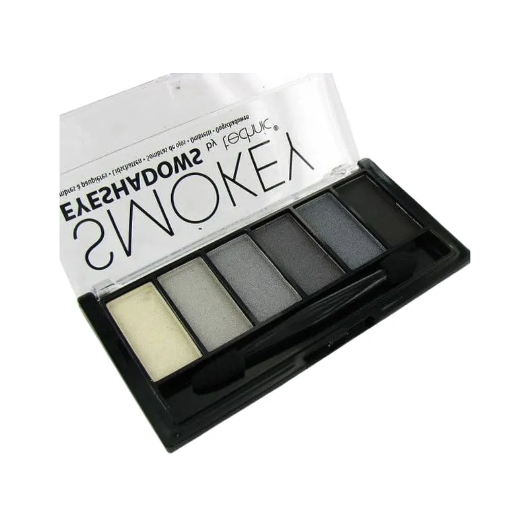 Makeup palette with shades of gray and black on a white background