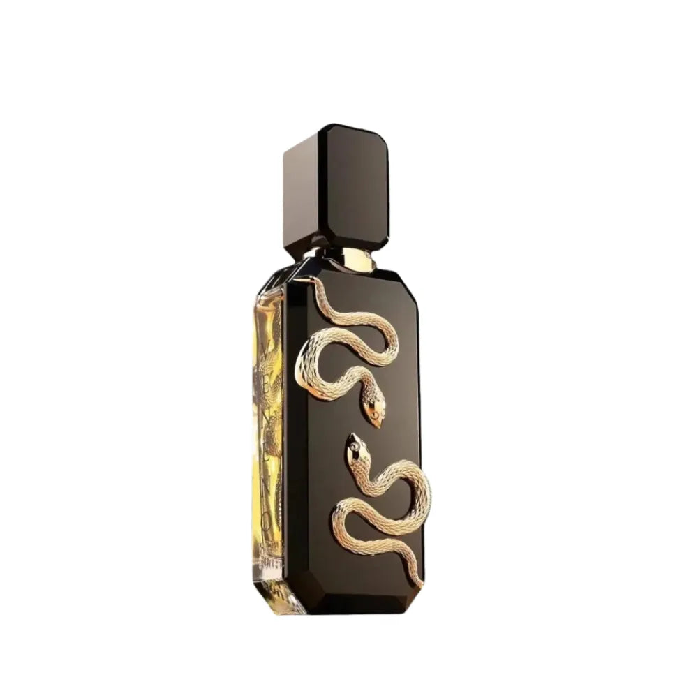 Black perfume bottle with gold accents on a white background