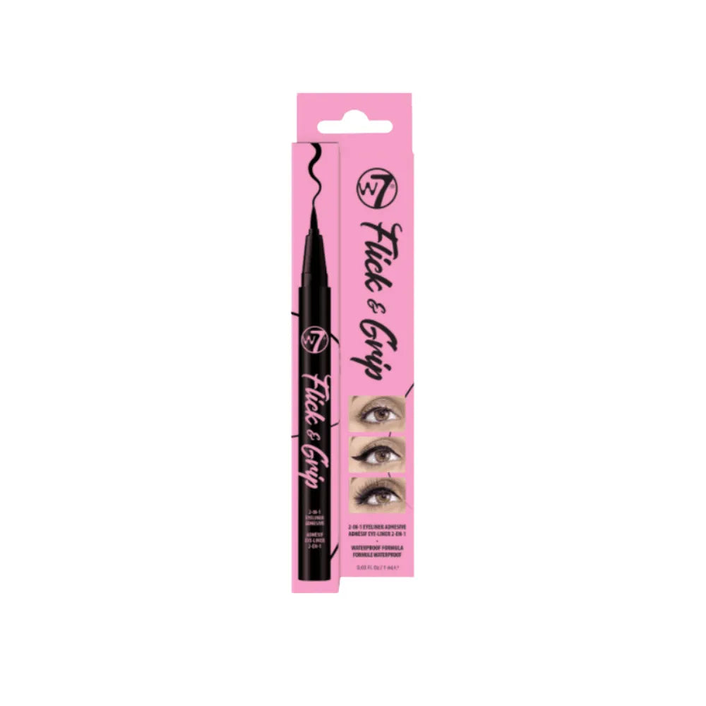 Eyeliner pen with pink packaging featuring 'Flick & Grip' branding on a white background.