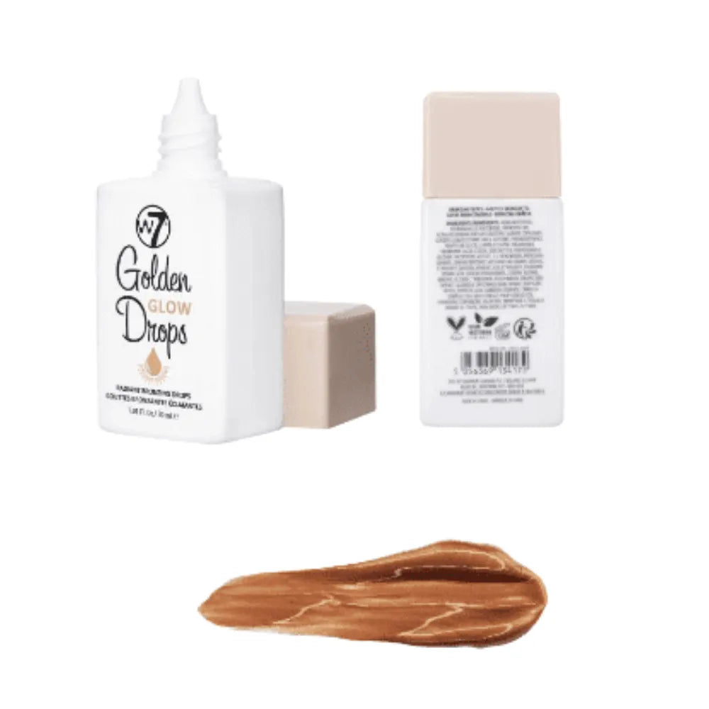 W7 Golden Glow Drops product with packaging and a swatch on a white background