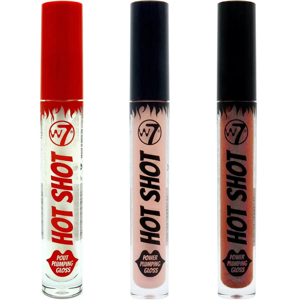 Three lip glosses with 'Hot Shot' text on a white background