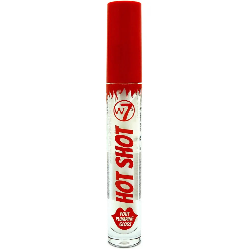 Lip gloss with red cap and white body displaying 'W7' brand logo on a white background