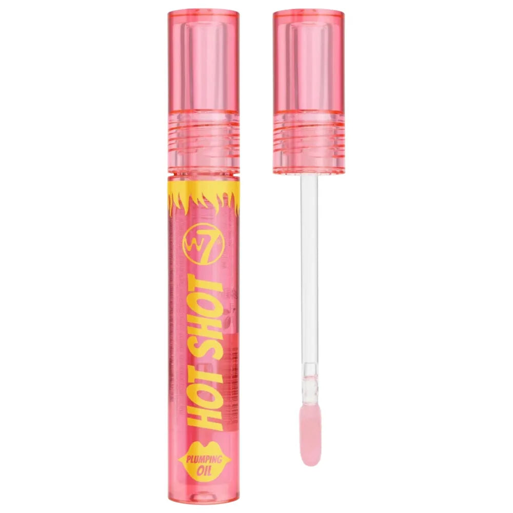Pink lip gloss with a dropper labeled 'Hot Shot' on a white background
