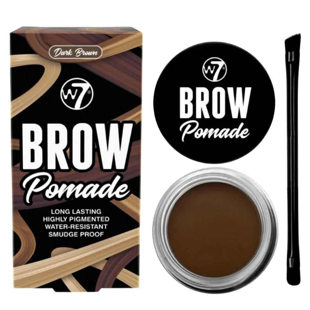 W7 Brow Pomade set with packaging, pomade jar, and applicator on a white background