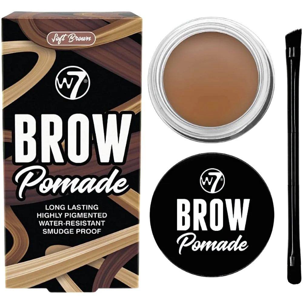 W7 Brow Pomade packaging, pomade jar, and applicator on a white background
