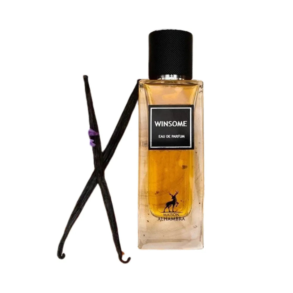 Perfume bottle labeled 'Winsome' with vanilla beans on a white background