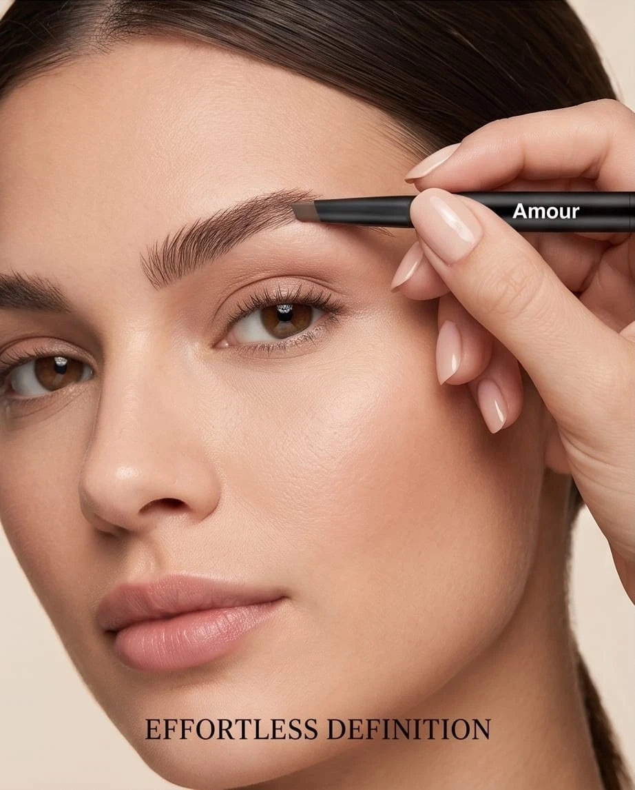 Woman applying eyebrow pencil with 'Amour' brand on a beige background
