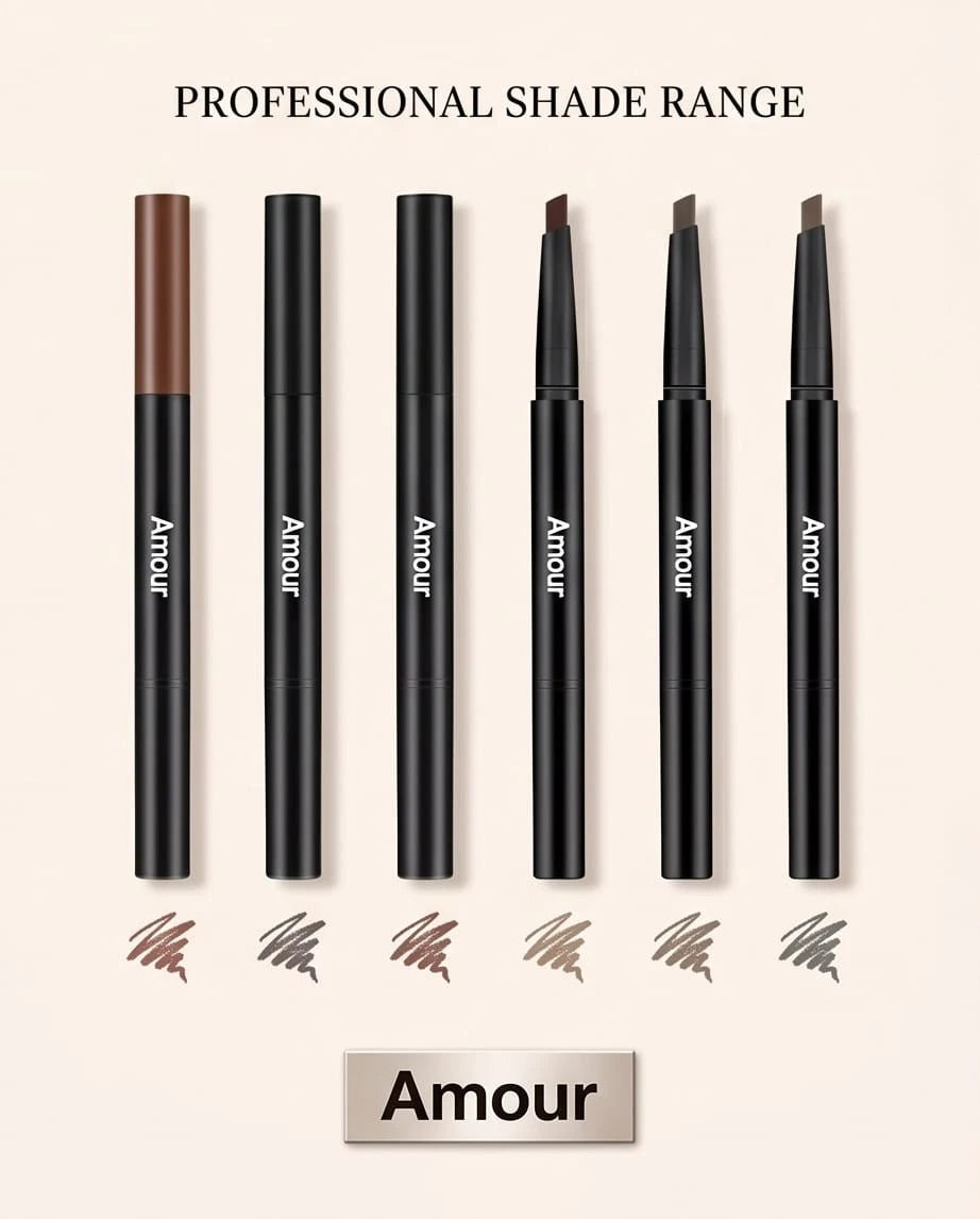 Set of black makeup pencils with brown shades labeled 'Amour' on a beige background.