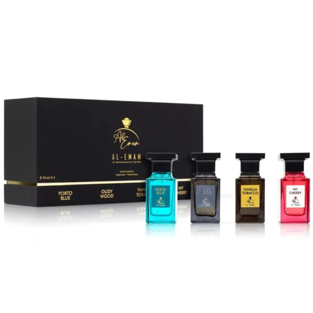 Set of Al-Emran perfume bottles with a black box on a white background