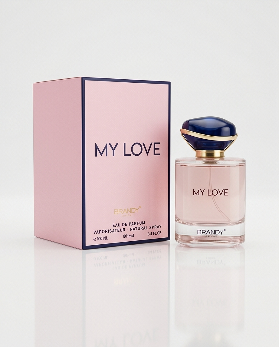 Perfume bottle with gold cap and 'My Love Brandy' text on a light background