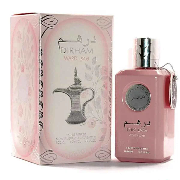 Pink perfume bottle and packaging with 'Dirham' branding on a white background