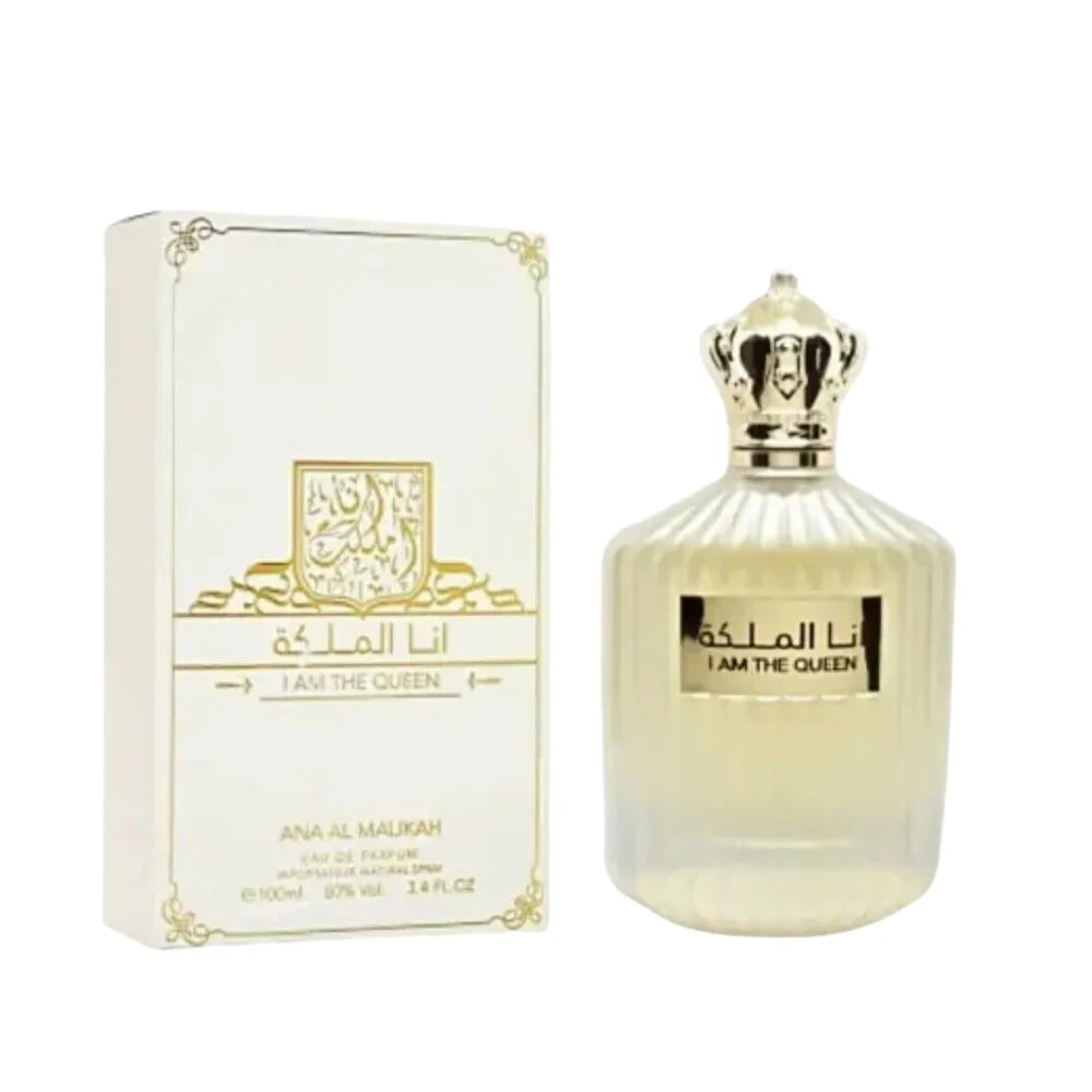 Perfume bottle and packaging of 'I Am the Queen' by Ana Al Malkah on a white background