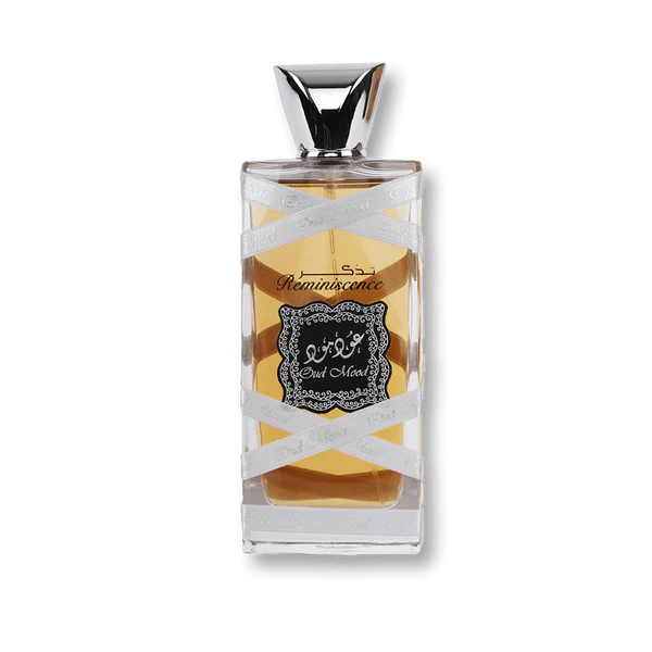 Perfume bottle with gold label and silver cap on a white background