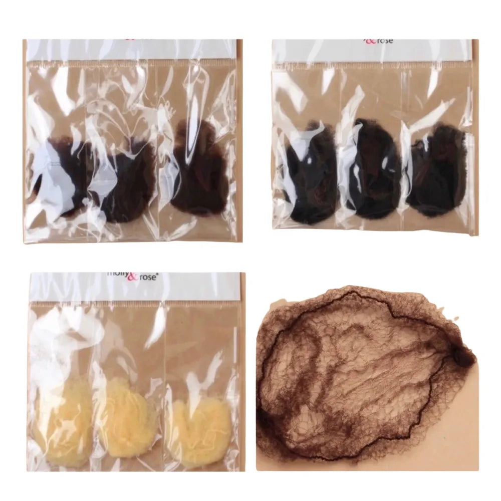 Four images showing hair extensions and a sample on a beige background.