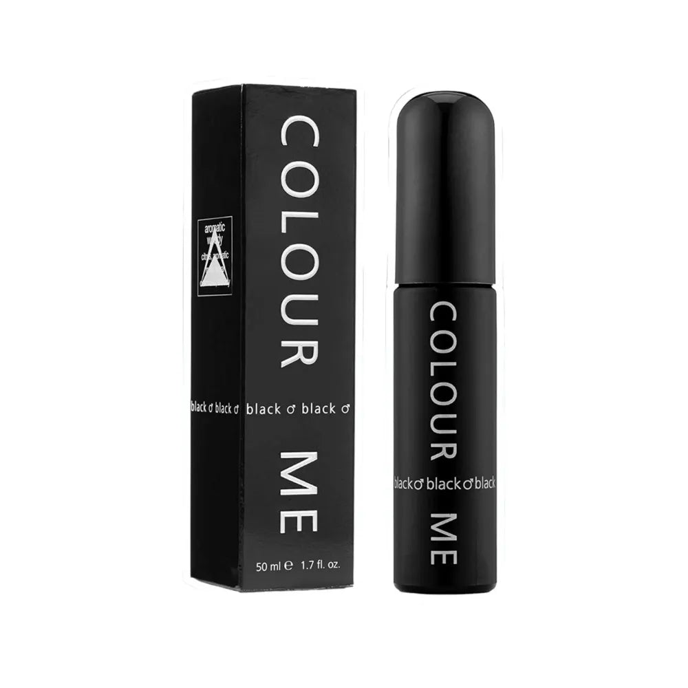 Black perfume bottle and packaging labeled 'Colour Me' on a white background