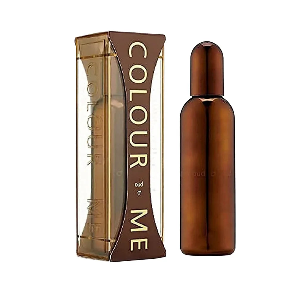 Brown perfume bottle and packaging with 'COLOUR ME' branding on a white background