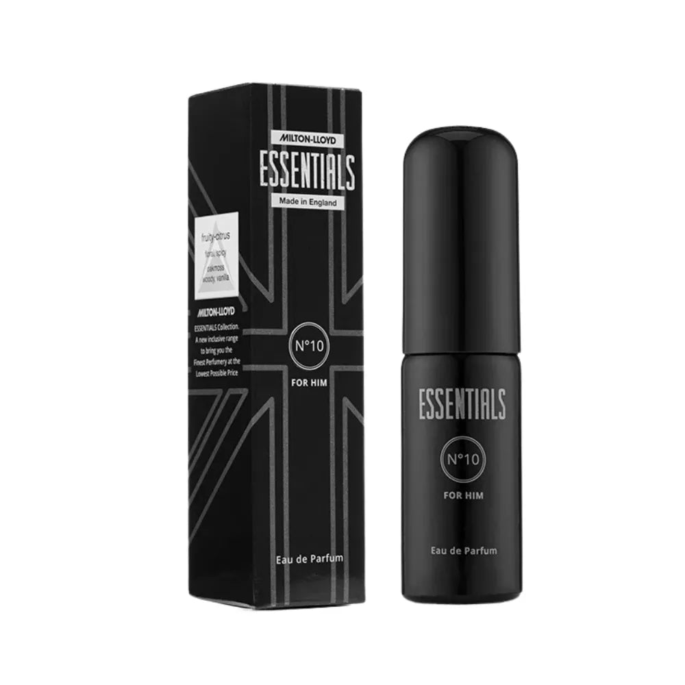 Black perfume bottle and packaging with 'Essentials' branding on a white background