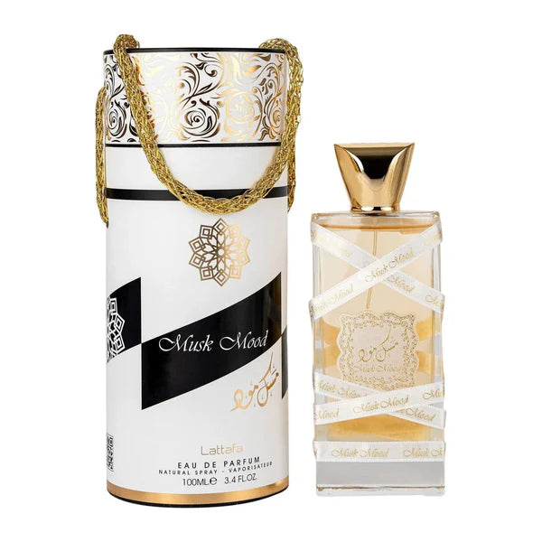 Perfume bottle and packaging with 'Musk Mood' branding on a white background