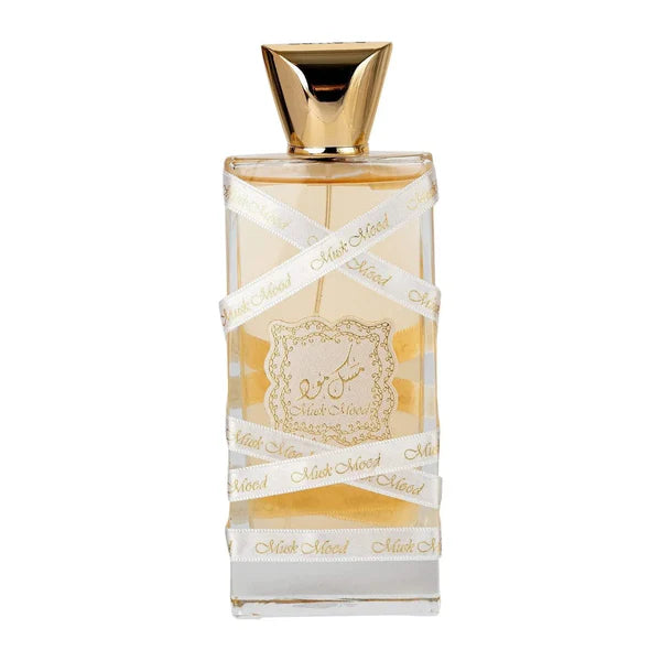 Perfume bottle with gold cap and decorative label on a white background