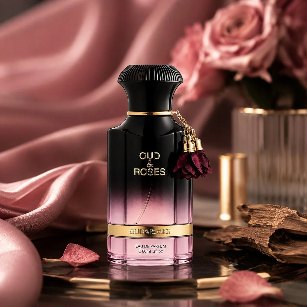 Perfume bottle labeled 'Oud & Roses' with decorative elements on a soft pink fabric background.
