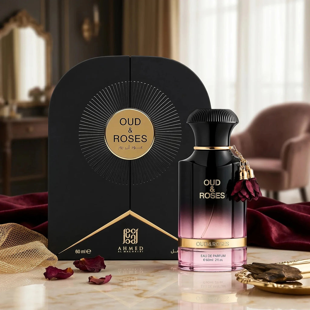 A bottle of Oud & Roses perfume by Almalie stands in front of its black and gold box on a marble surface, with red velvet fabric, scattered rose petals, and a softly blurred indoor room in the background.