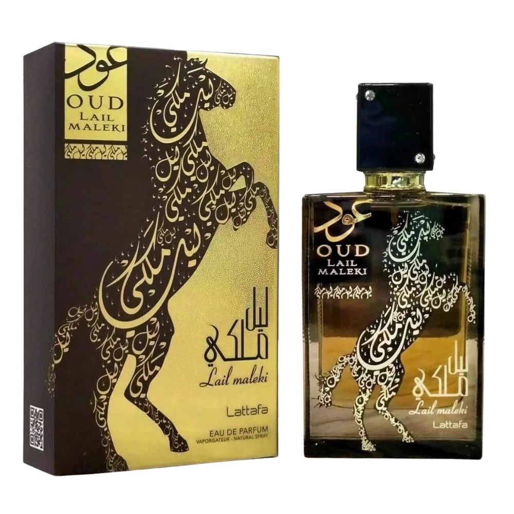 Oud Lail Maleki perfume bottle and packaging with intricate designs on a white background