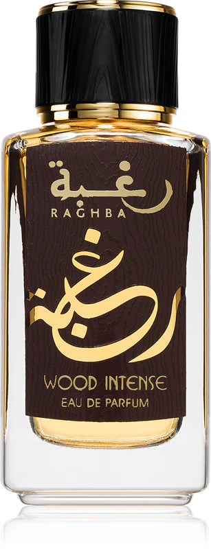 Raghba Wood Intense Eau de Parfum bottle with gold and black design