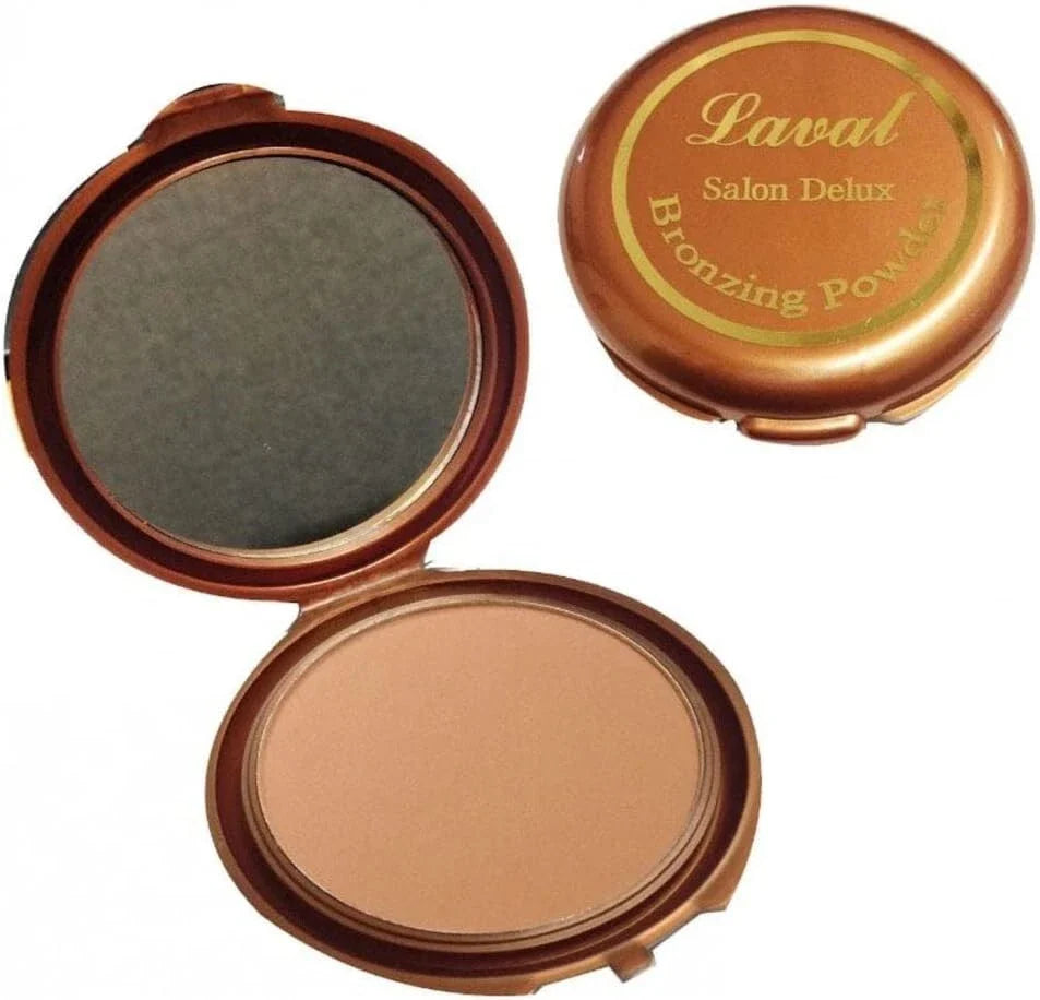 Bronzing powder compact with 'Laval Salon Deluxe' branding on a white background