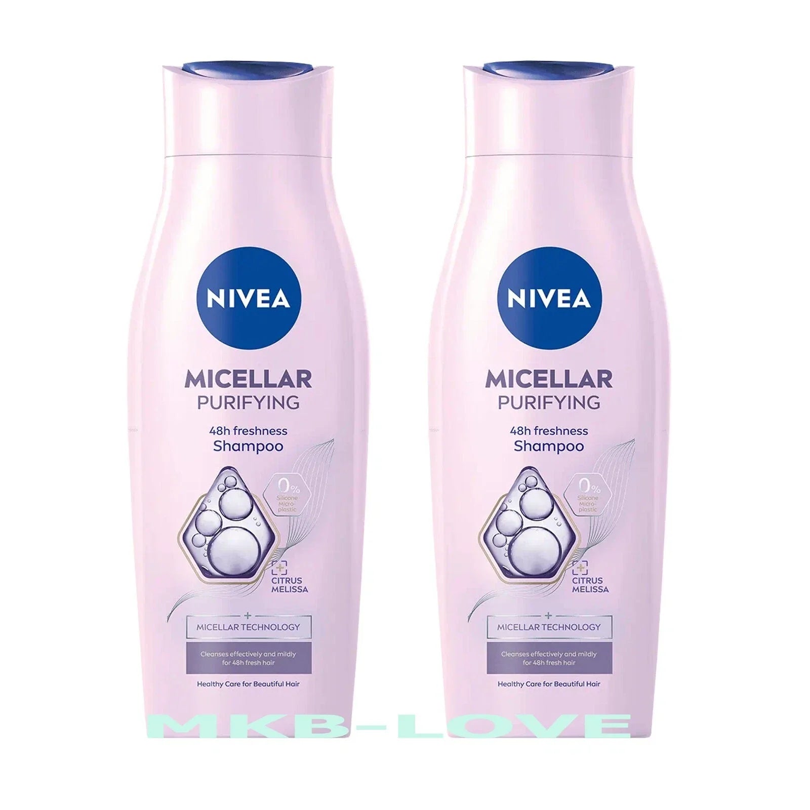 Two bottles of Nivea Micellar Purifying Shampoo on a white background