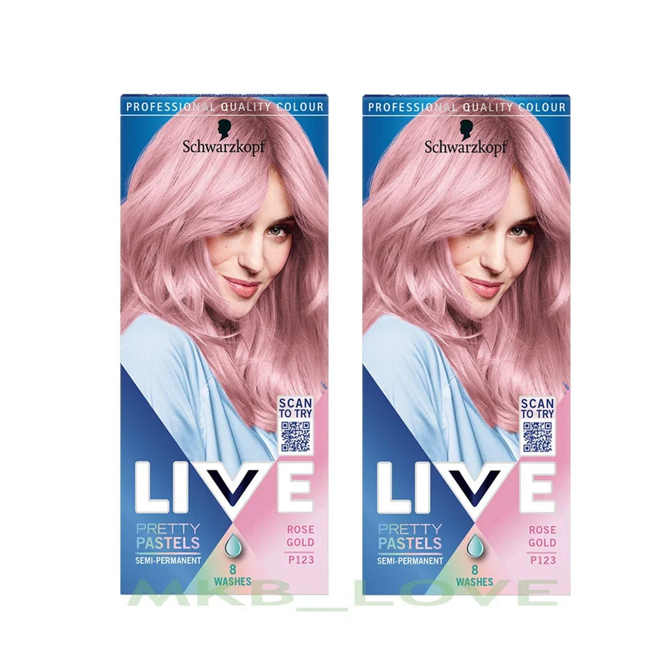Two packages of Schwarzkopf Live Pretty Pastels hair dye with a woman with pink hair on a white background.